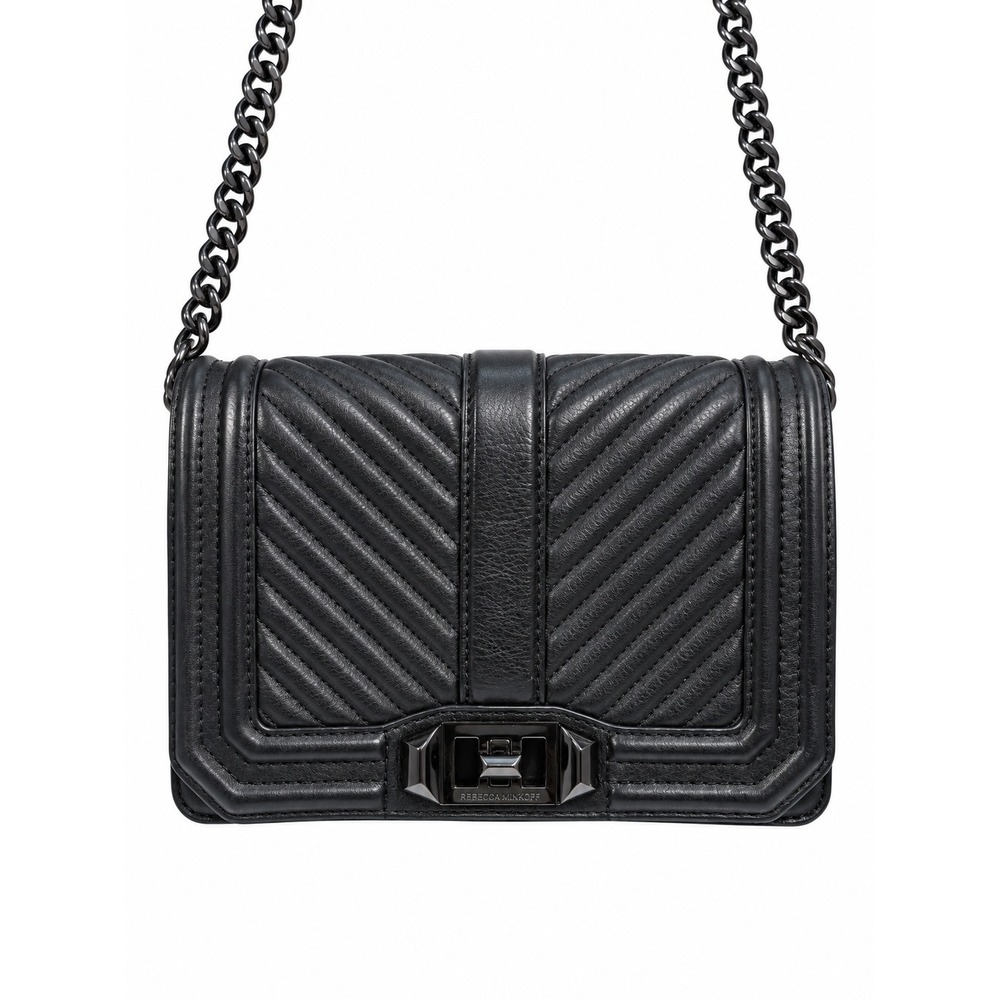 Rebecca Minkoff Small Love Crossbody Bag Black Chevron Quilted Leather Tonal HW